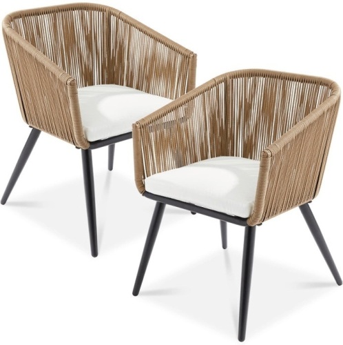 Set of 2 Indoor Outdoor Woven Wicker Patio Dining Chairs, 250lb Capacity, Natural/Ivory, Appears New - Lot 207
