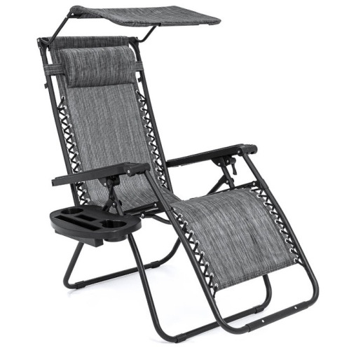 Folding Zero Gravity Recliner Patio Lounge Chair w/ Canopy, Side Tray, Gray, Appears New - Lot 217