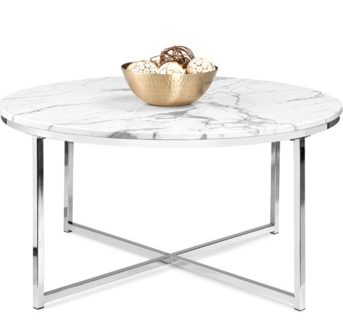Round Coffee Table w/ Faux Marble Top, Metal Frame - 36in, Chrome, Appears New - Lot 225