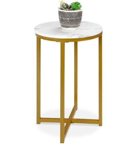 Round Coffee Side Table w/ Faux Marble Top, Metal Frame - 16in, White/Bronze Gold, Appears New - Lot 250