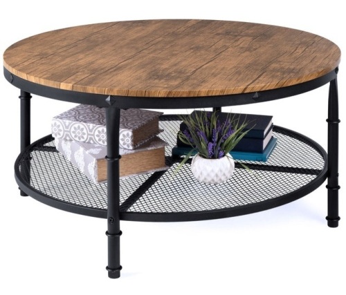 2-Tier Round Industrial Wood & Steel Coffee Table, Storage Shelves - 35.5in, Brown, Appears New/Damaged Box - Lot 261
