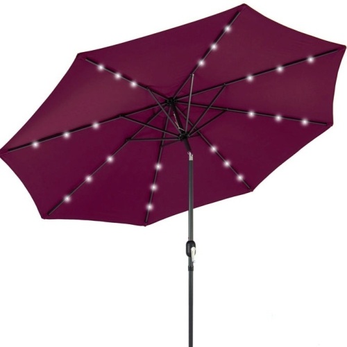 Solar LED Lighted Patio Umbrella w/ Tilt Adjustment, UV-Resistance - 10ft, Burgundy, E-Commerce Return/Appears New - Lot 264