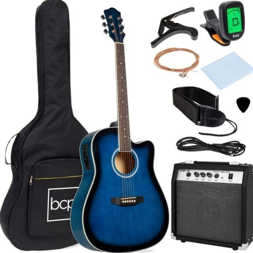 Beginner Acoustic Electric Cutaway Guitar Set w/ Case, Strap, Amplifier, Blue, Appears New - Lot 309