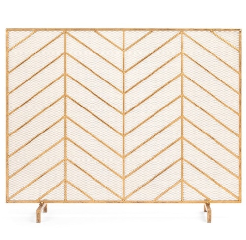 Single Panel Iron Chevron Fireplace Screen w/ Antique Finish - 38x31in, Gold, Appears New - Lot 340