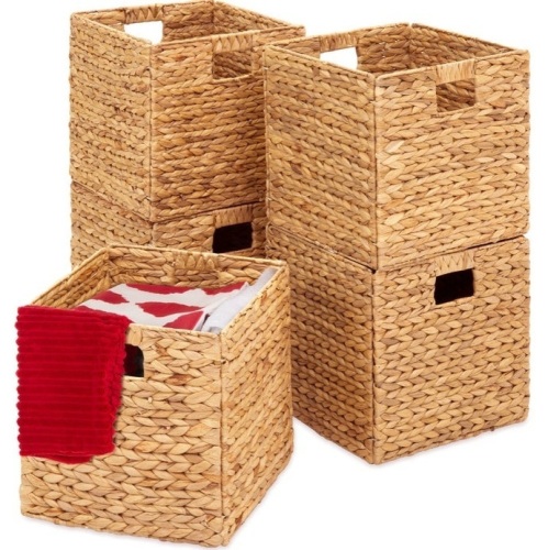 Set of 5 Collapsible Hyacinth Storage Baskets w/ Inserts - 12x12in, Natural, Appears New - Lot 348