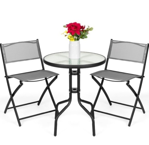 3-Piece Bistro Set w/ Glass Table, 2 Foldable Chairs, Gray, Appears New - Lot 350
