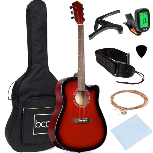 Full Size Beginner Acoustic Guitar Set with Case, Strap, Capo - 41in, Red, Appears New - Lot 366