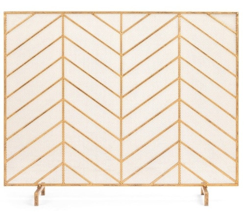 Single Panel Iron Chevron Fireplace Screen w/ Antique Finish - 38x31in, Gold, Appears New - Lot 384