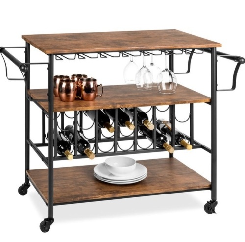 45in Industrial Wood Shelf Bar & Wine Cart w/ Bottle & Glass Racks, Appears New - Lot 385