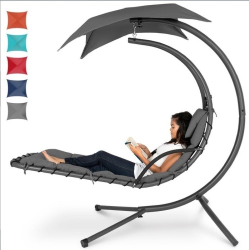Hanging Curved Chaise Lounge Chair w/ Built-In Pillow, Removable Canopy, Charcoal Gray, May Be Missing Hardware, Appears New - Lot 433