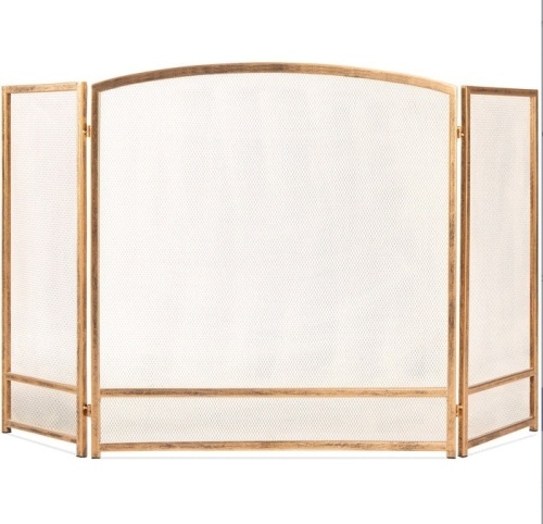 3-Panel Simple Steel Mesh Fireplace Screen w/ Rustic Worn Finish - 47x29in, Antique Gold, Appears New - Lot 160