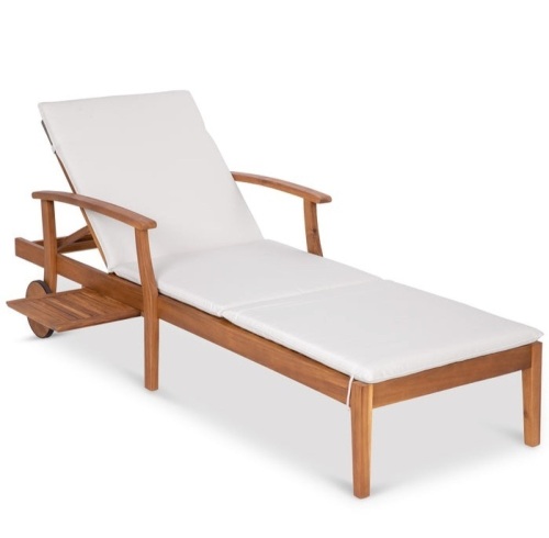 Adjustable Acacia Wood Chaise Lounge Chair w/ Side Table, Wheels - 79x26in, Cream, May Be Missing Hardware, Box Damaged, E-Commerce Return/Appears New - Lot 477