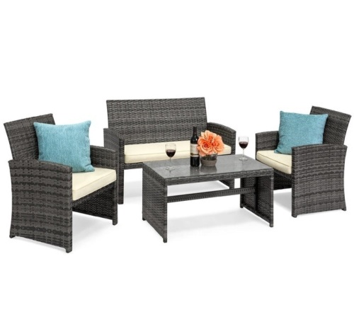 4-Piece Outdoor Wicker Conversation Patio Set w/ 4 Seats, Glass Table Top, Gray/Cream, Appears New - Lot 62