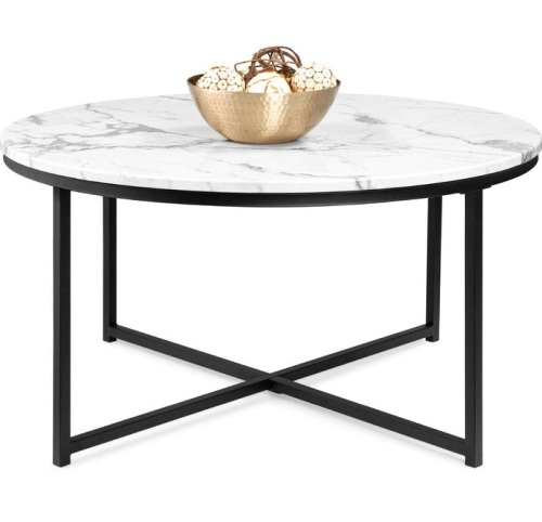 Round Coffee Table w/ Faux Marble Top, Metal Frame - 36in, Black, Appears New - Lot 118
