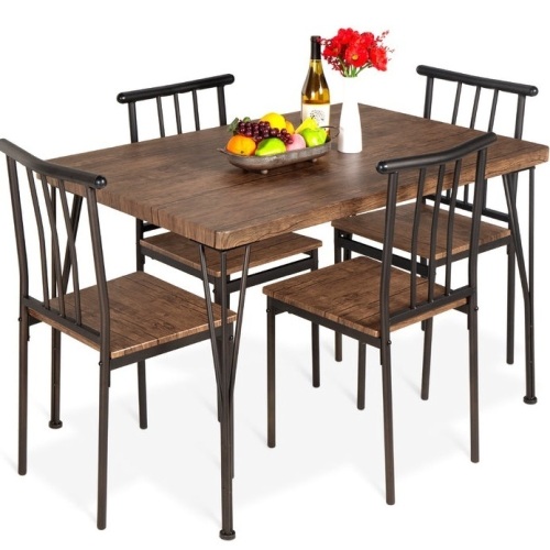 5-Piece Modern Metal and Wood Dining Table Furniture Set w/ 4 Chairs, Drift Brown, May Be Missing Hardware, E-Commerce Return/Damaged Box - Lot 268