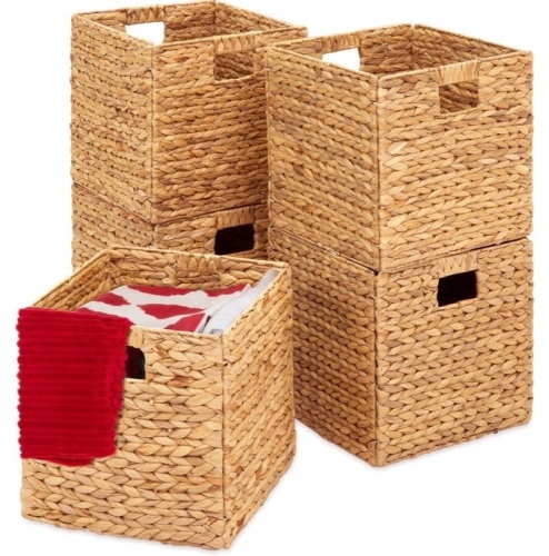 Set of 5 Collapsible Hyacinth Storage Baskets w/ Inserts - 12x12in, Natural, Appears New/Damaged Box - Lot 145