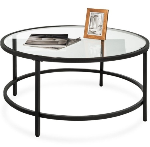 Round Tempered Glass Coffee Table w/ Steel Frame - 36in, Black, Appears New - Lot 410