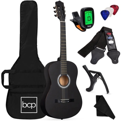 Beginner Acoustic Guitar Set w/ Case, Strap, Digital Tuner, Strings - 38in, Black, Appears New - Lot 153