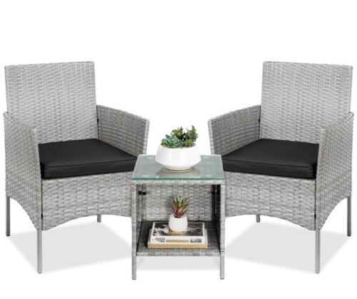 3-Piece Outdoor Patio Wicker Bistro Set w/ Side Storage Table, Gray/Black, Appears New - Lot 145