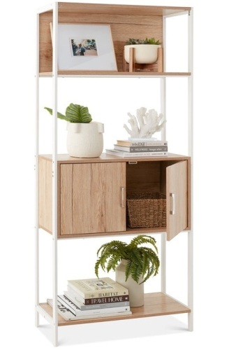 Storage Bookshelf for Living Room, Walkway w/ Cabinet, Elevated Design, Light Oak, May Be Missing Hardware, Appears New - Lot 372