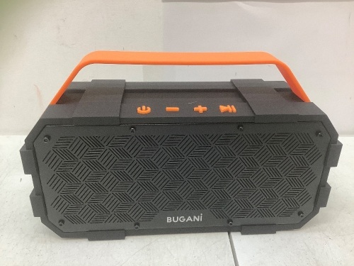 Bugani M90 Waterproof Wireless Speaker, Black/Orange, Powers On, New - Lot 83