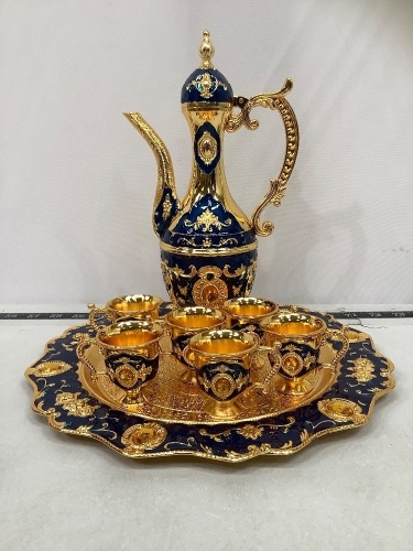 Turkish Set w/ Tea/Coffee Pot, Tray & 6 Cups, Gold/Dark Blue, New  - Lot 296