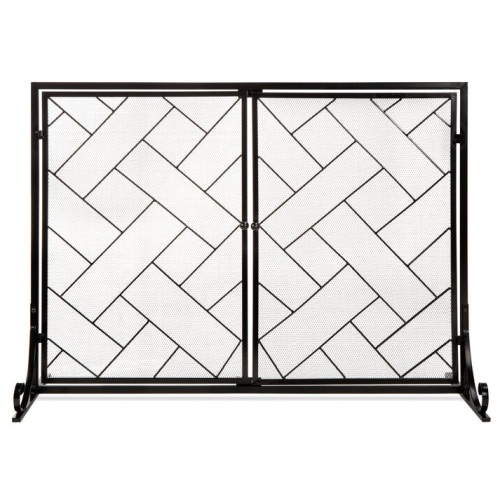 2-Panel Wrought Iron Geometric Fireplace Screen w/ Magnetic Doors - 44x33in - Lot 291