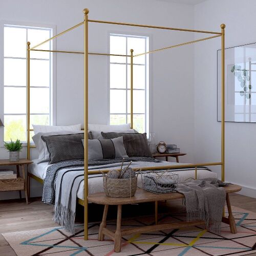 4-Post Metal Canopy Bed Frame - Full Size, Gold - Lot 358