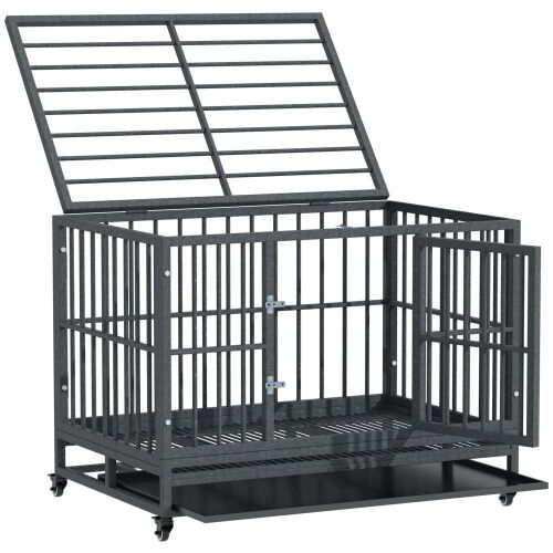 36" Heavy Duty Steel Dog Kennel with Wheels - Gray - Lot 389