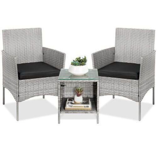 3-Piece Outdoor Patio Wicker Bistro Set w/ Side Storage Table  - Lot 706