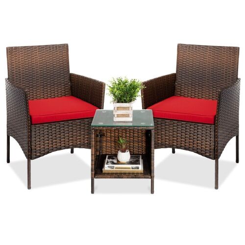 3-Piece Outdoor Patio Wicker Bistro Set w/ Side Storage Table - Lot 919