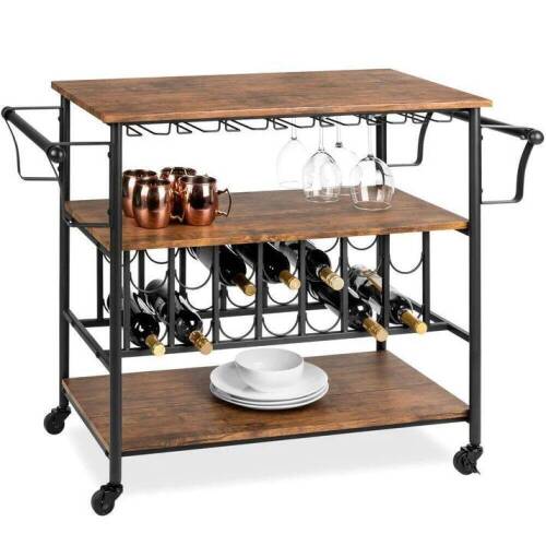 45in Industrial Wood Shelf Bar & Wine Cart w/ Bottle & Glass Racks - Lot 213