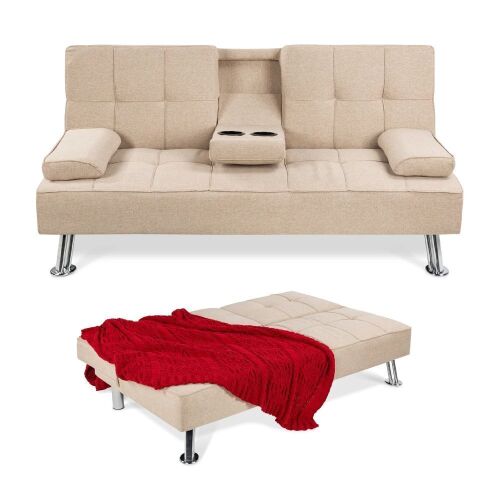 Linen Upholstered Convertible Sofa Bed Futon w/ 2 Cupholders - Lot 88