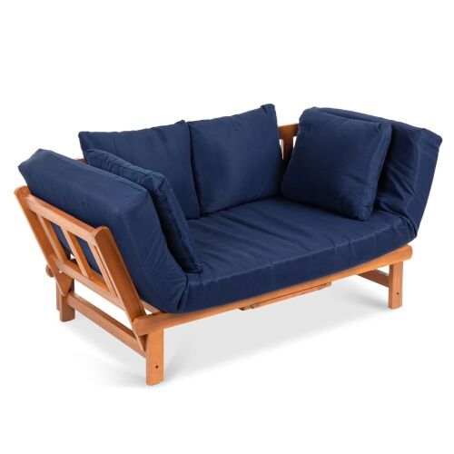 Outdoor Convertible Acacia Wood Futon Sofa w/ 4 Pillows, Removable Cushion - Lot 76