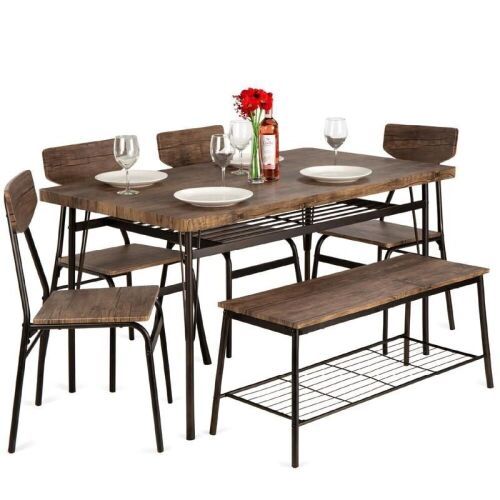 6-Piece Modern Dining Set w/ Storage Racks, Table, Bench, 4 Chairs - 55in - Lot 73