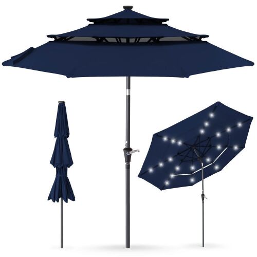 3-Tier Solar Patio Umbrella w/ LED Lights, Tilt Adjustment, Crank - 10ft - Lot 252