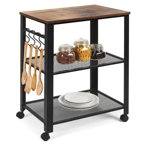 3-Tier Microwave Cart Rolling Utility Serving Cart w/ 2 Shelves, 4 Hooks - Lot 908