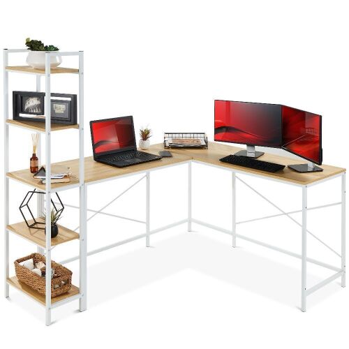 L-Shaped Computer Desk, Study Workstation w/ 5-Tier Open Storage Bookshelf - Lot 1029