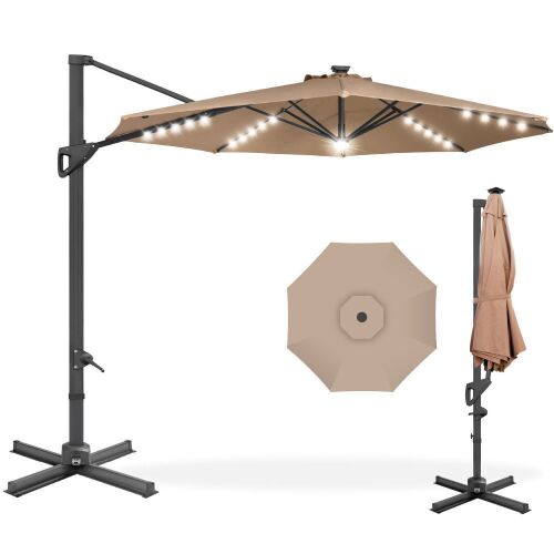 360-Degree Solar LED Cantilever Offset Patio Umbrella w/ Tilt - 10ft - Lot 1058