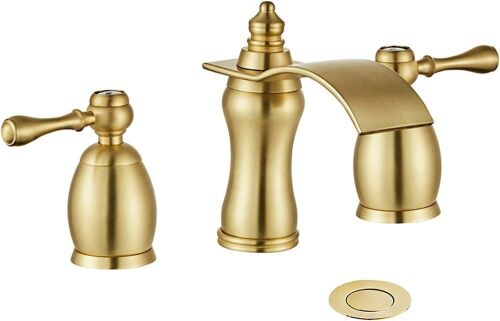 Wovier Brushed Gold 8-16 Inch Widespread Waterfall Bathroom Sink Faucet, Two Handle Three Hole, Basin Mixer Tap with Pop Up Drains  - Lot 581