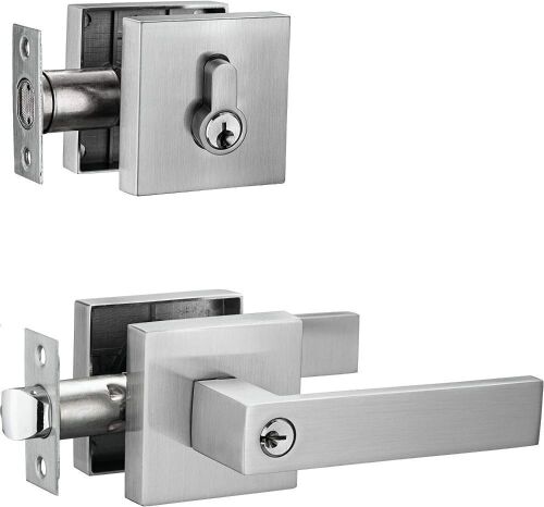 Case of (18) Berlin Modisch Contemporary Square Entry Lever Door Handle and Single Cylinder Deadbolt Locking Lever Handle Set, Satin Nickel Finish  - Lot 40