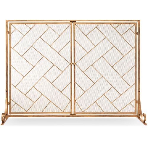 2-Panel Wrought Iron Geometric Fireplace Screen w/ Magnetic Doors - 44x33in - Lot 1070