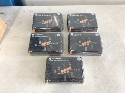 Lot of (5) MULWARK Premium Master Drive Hex Bit Socket Set, SAE & Metric S2 Steel, 34pc - New - Lot 171
