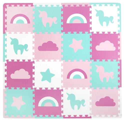 Tadpoles Interlocking Tiles Baby Play Mat,16pc, Unicorns and Rainbows - New  - Lot 1136