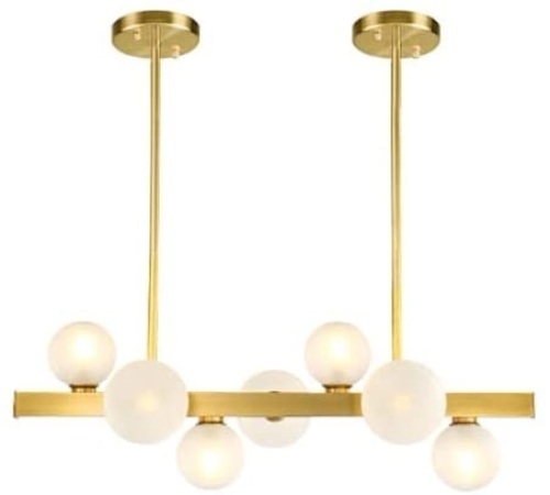 BOKT 7-Light Golden DNA Shaped Modern Pendant Light with White Frosted Glass Shades - Appears New   - Lot 368