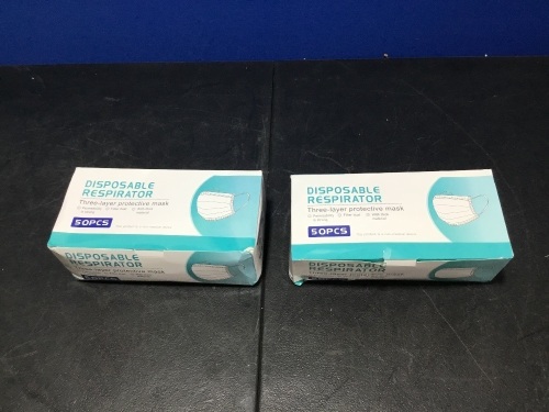 Lot of (2) Disposable 3 Layer Protective Face Masks, 50 pc - Appear New  - Lot 624