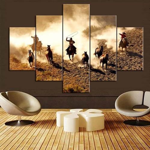 American Cowboys Roping with Dust Flying 5 Pcs Canvas Artwork 60'' x 40'' - Appears New - Lot 555