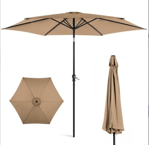 Outdoor Steel Market Patio Umbrella Decoration w/ Tilt, Crank Lift - 10ft, Tan, Appears New - Lot 443