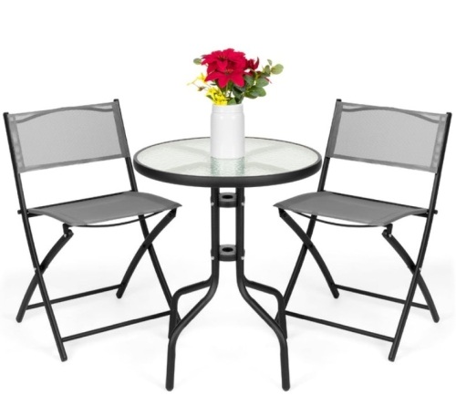 3-Piece Bistro Set w/ Glass Table, 2 Foldable Chairs, Gray, May Be Missing Hardware - Lot 190