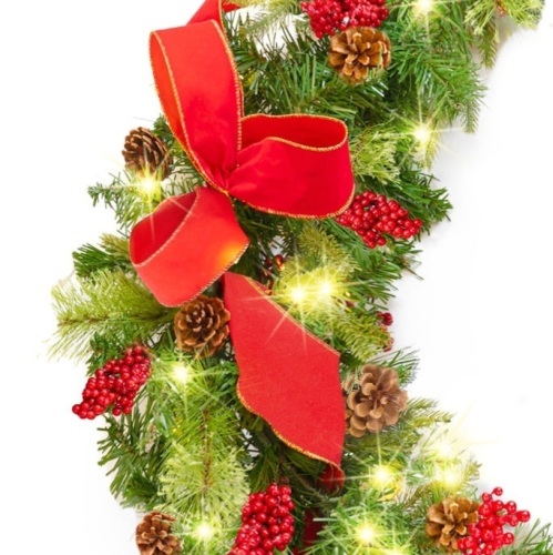 Pre-Lit Garland, Battery Powered w/ 100 Lights, 180 Tips, Pine Cones - 9ft - Lot 175